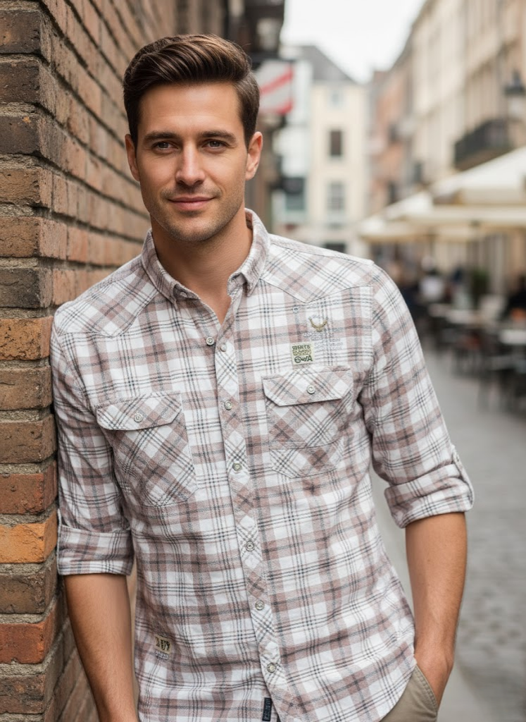 Men’s White & Brown City Check Cotton Slim Fit Shirt