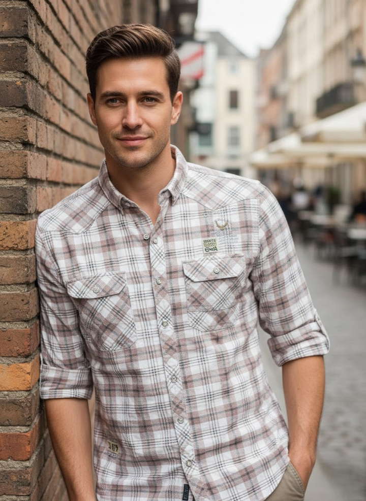 Men’s White & Brown City Check Cotton Slim Fit Shirt