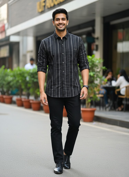 Men’s Jet Black Vertical Striped Cotton Slim Fit Casual Shirt