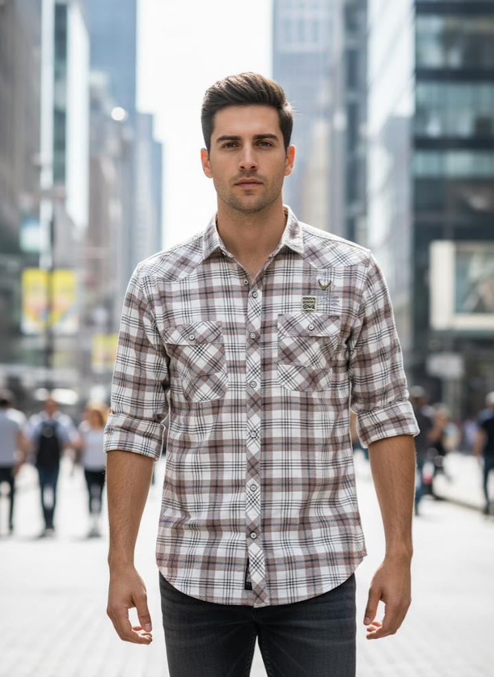Men’s White & Brown City Check Cotton Slim Fit Shirt