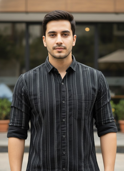 Men’s Jet Black Vertical Striped Cotton Slim Fit Casual Shirt