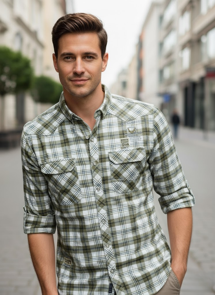 Men’s Olive Green & White Checked Cotton Slim Fit Shirt