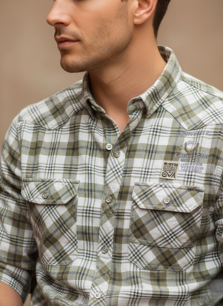 Men’s Olive Green & White Checked Cotton Slim Fit Shirt