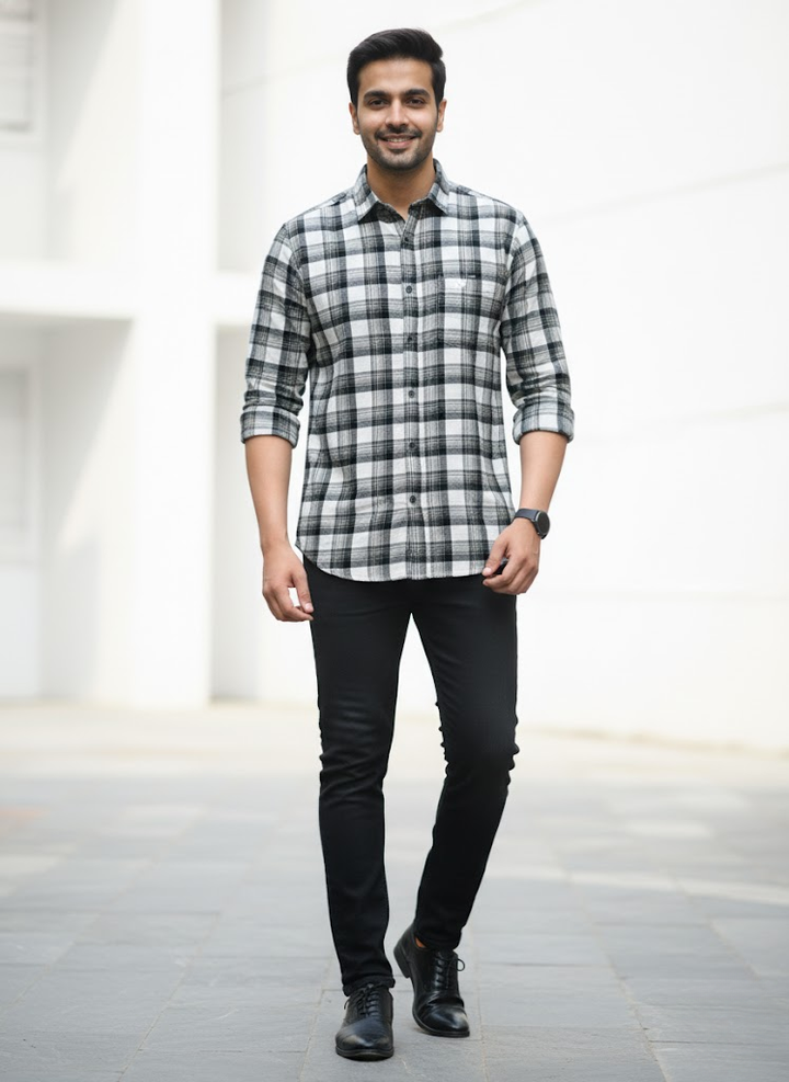 Men’s White & Grey Checked Cotton Slim Fit Casual Shirt