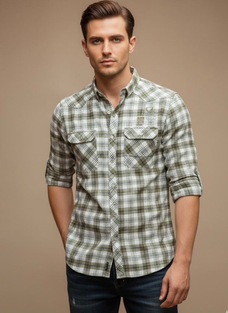 Men’s Olive Green & White Checked Cotton Slim Fit Shirt