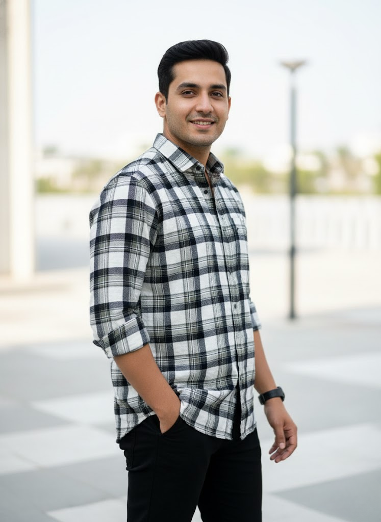 Men’s White & Grey Checked Cotton Slim Fit Casual Shirt