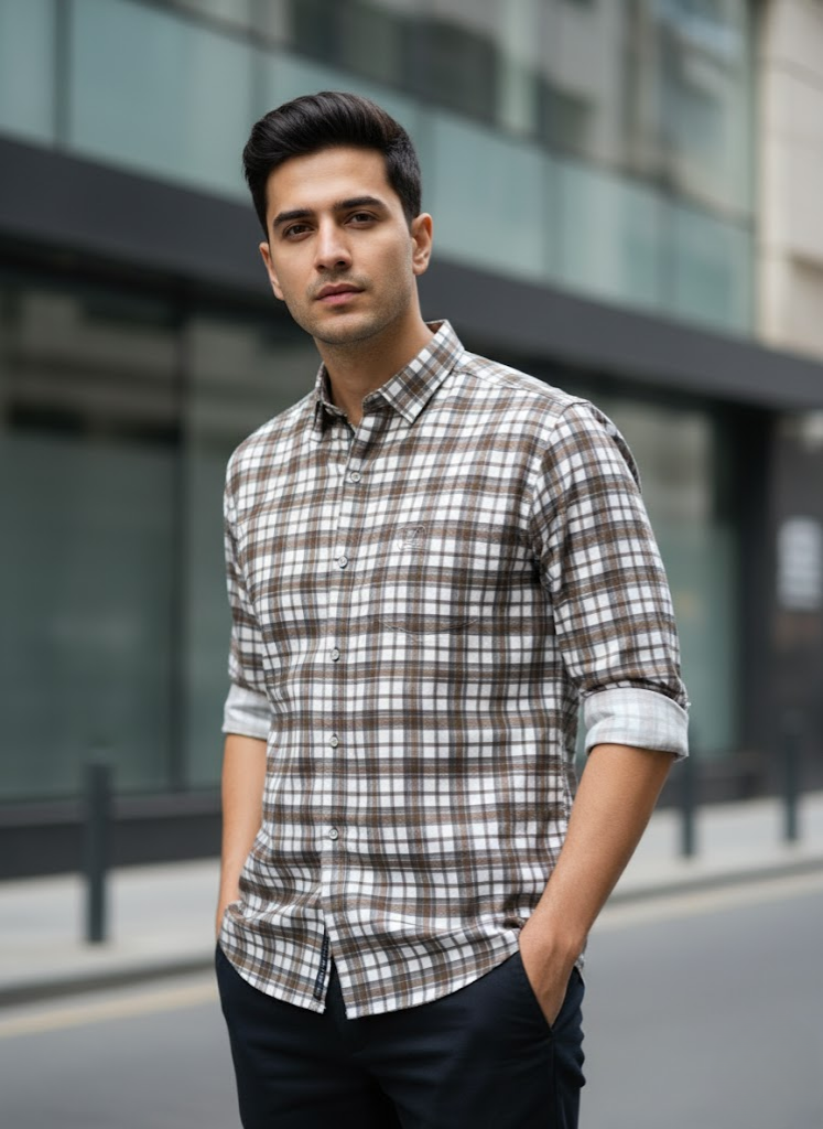 Men’s Brown & White Urban Check Corduroy Cotton Slim Fit Shirt