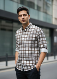 Men’s Brown & White Urban Check Corduroy Cotton Slim Fit Shirt