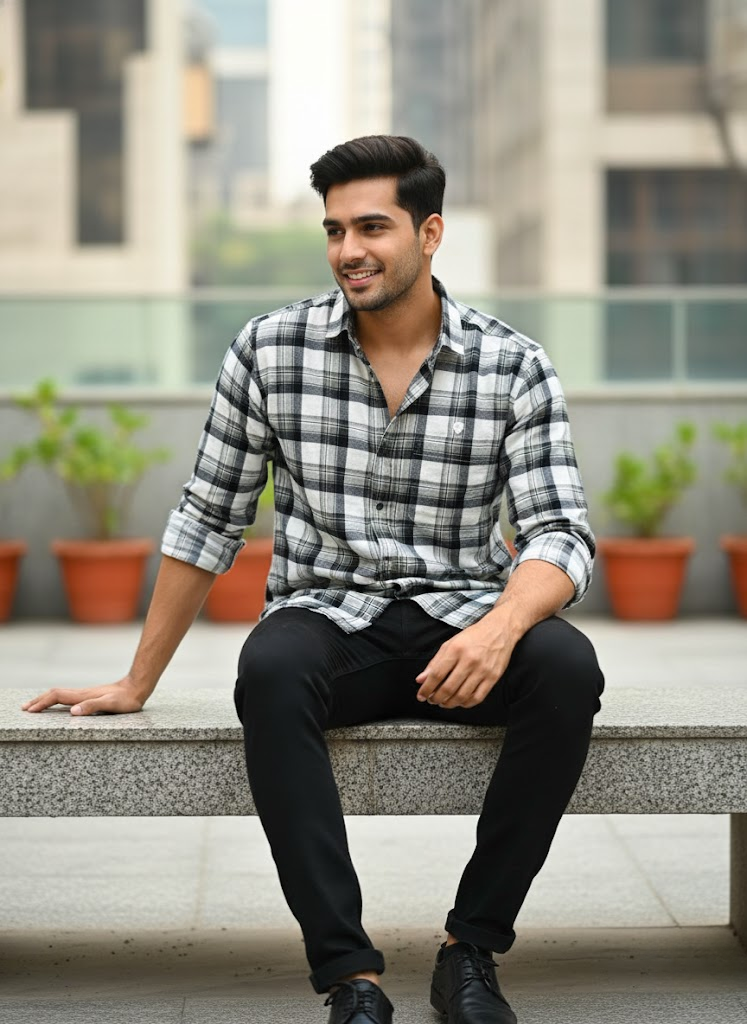 Men’s White & Grey Checked Cotton Slim Fit Casual Shirt