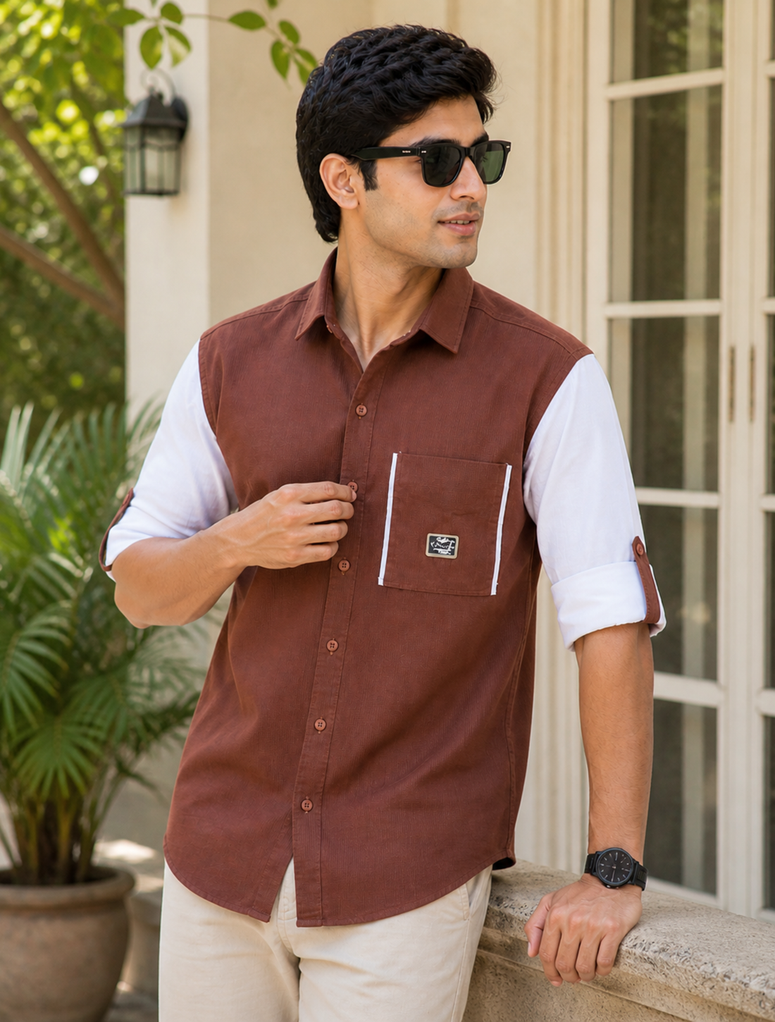 Men’s Dual Tone Casual Brown & White Contrast Style Shirt