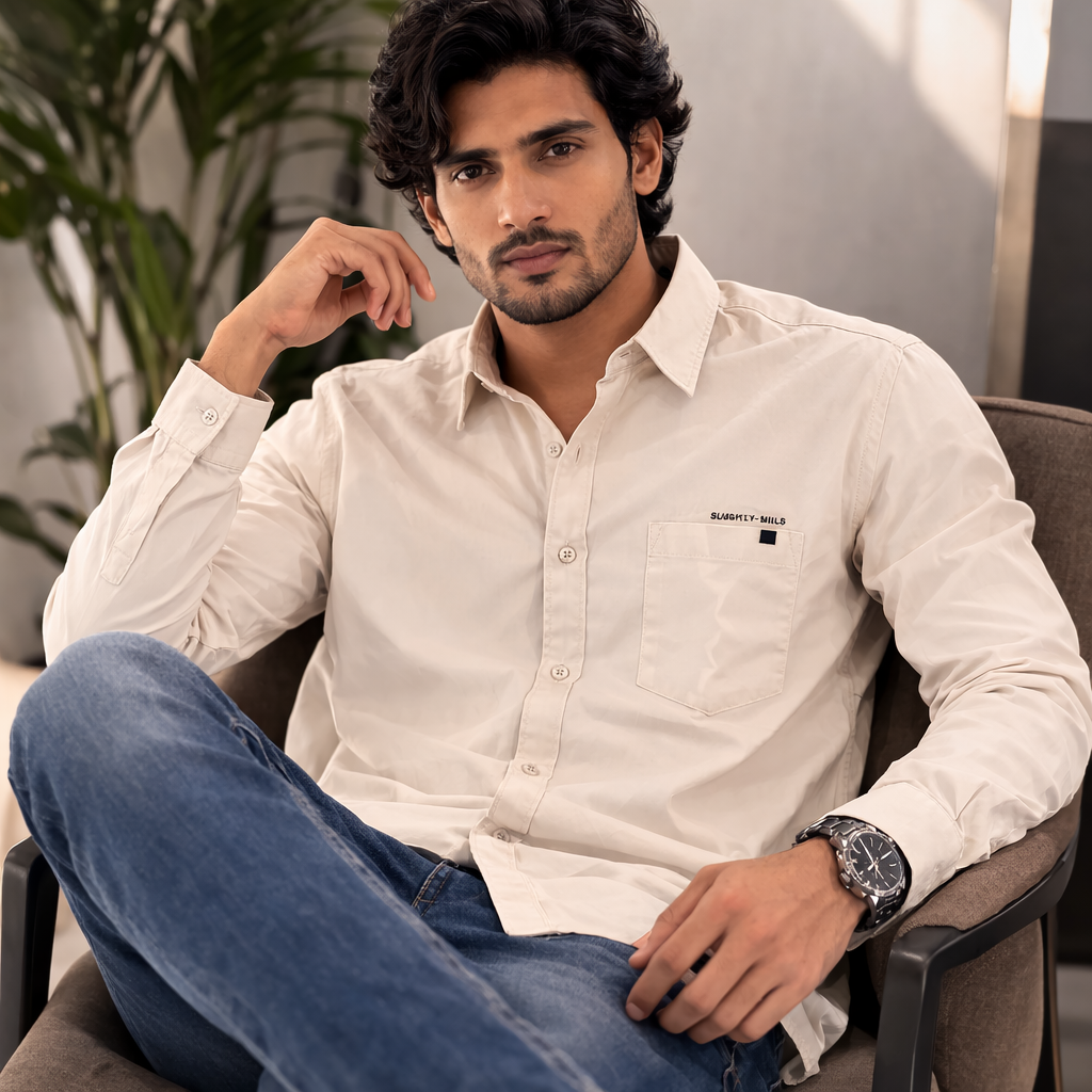 Men’s Light Beige Cotton Slim Fit Casual Shirt