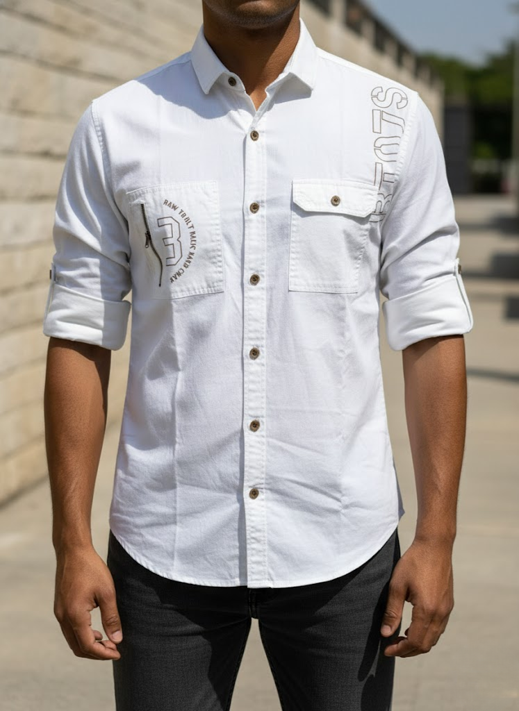 Men’s Double Pocket White Cotton Stylish Casual Shirt