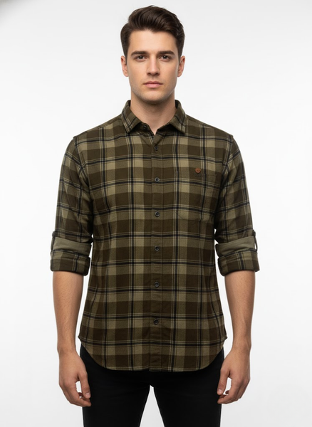 Men’s Olive Green Checked Cotton Slim Fit Casual Shirt