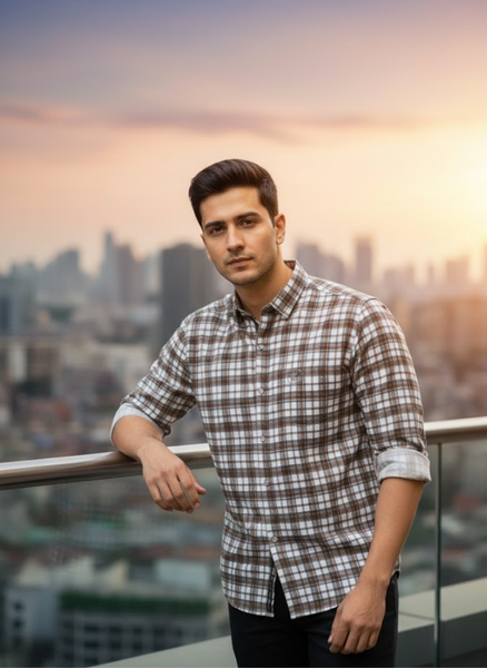 Men’s Brown & White Urban Check Corduroy Cotton Slim Fit Shirt