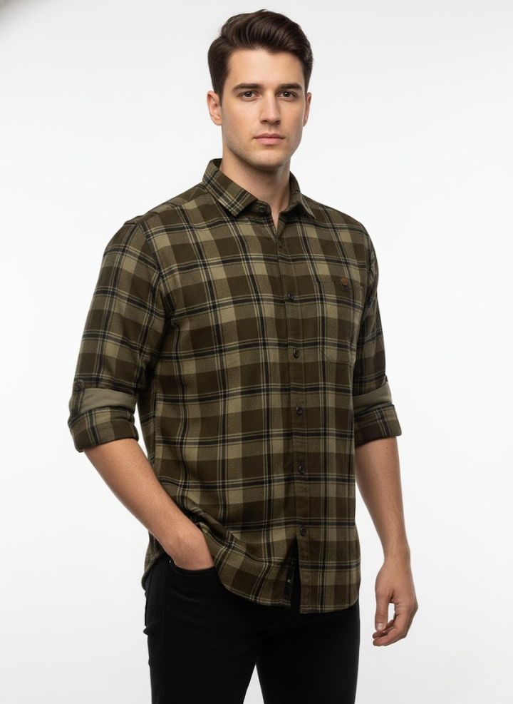 Men’s Olive Green Checked Cotton Slim Fit Casual Shirt