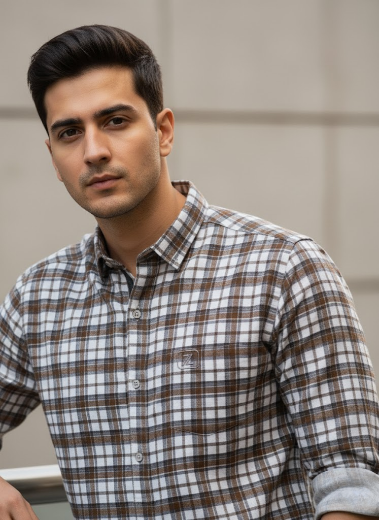 Men’s Brown & White Urban Check Corduroy Cotton Slim Fit Shirt