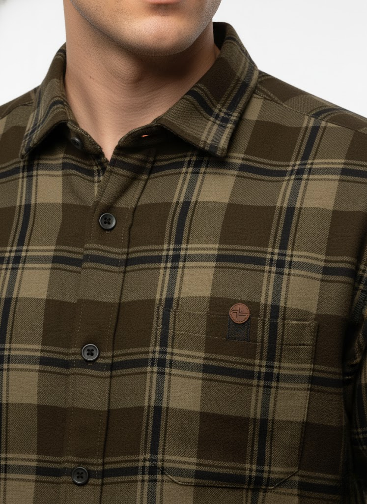 Men’s Olive Green Checked Cotton Slim Fit Casual Shirt