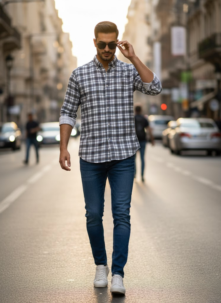 Men’s Grey & White City Check Corduroy Cotton Slim Fit Shirt