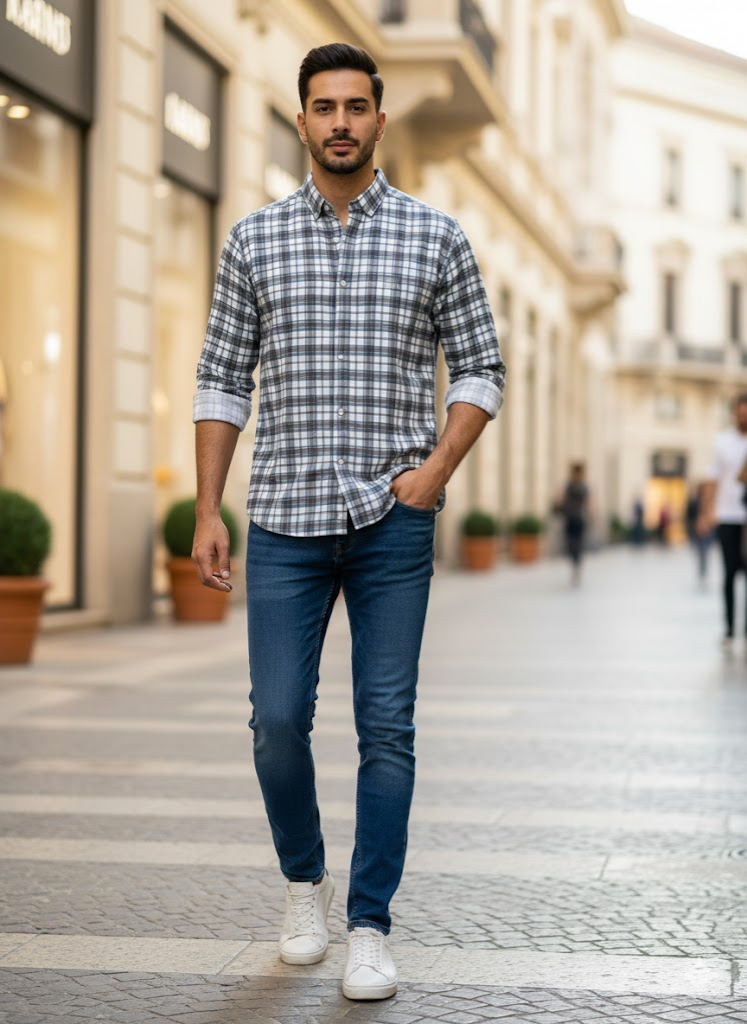 Men’s Grey & White City Check Corduroy Cotton Slim Fit Shirt