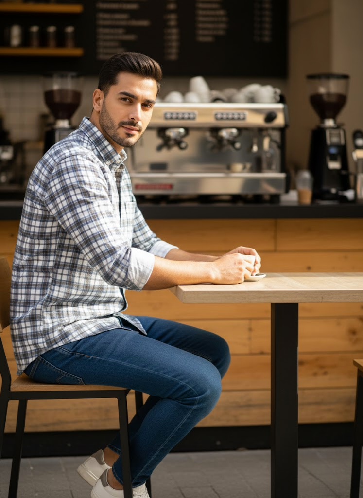 Men’s Grey & White City Check Corduroy Cotton Slim Fit Shirt