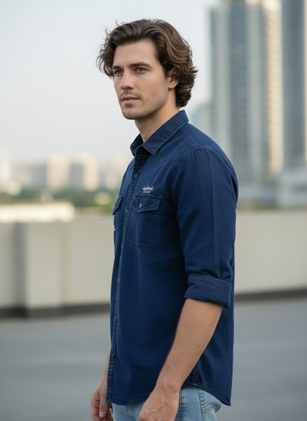 Men’s Navy Blue Denim Washed Cotton Shirt
