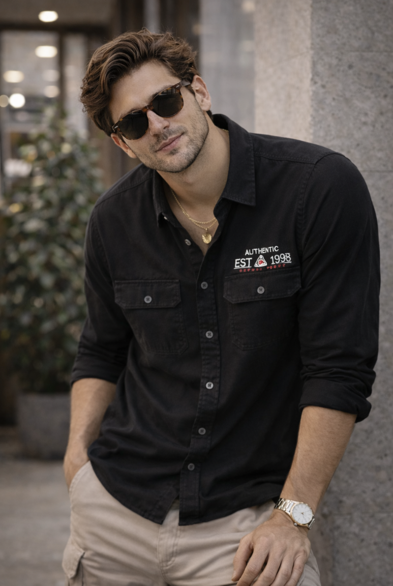 Men’s Black Utility Cotton Shirt – Slim Fit Casual Streetwear