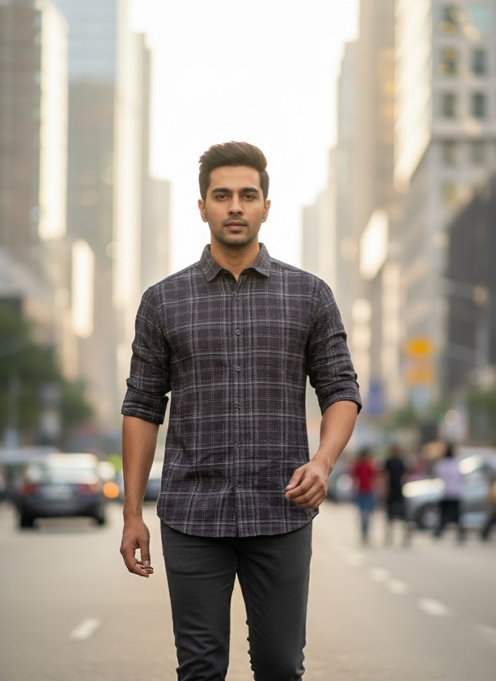 Men’s Deep Plum City Check Textured Slim Fit Cotton Shirt