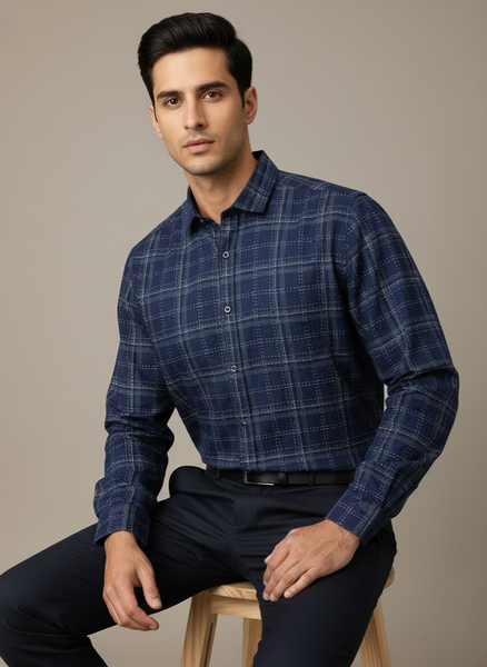 Men’s Navy Blue Office Check Textured Cotton Slim Fit Shirt