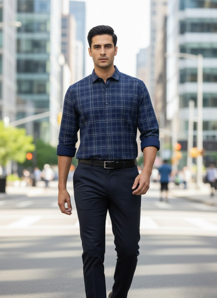 Men’s Navy Blue Office Check Textured Cotton Slim Fit Shirt