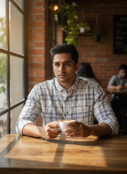 Men’s Cream & Blue Check Premium Textured Cotton Shirt