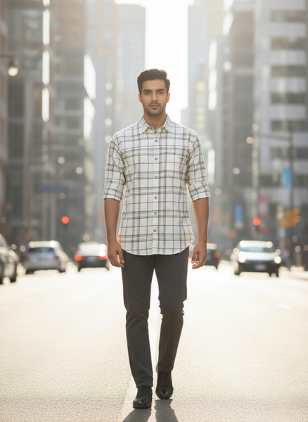 Men’s Beige City Grid Check Cotton Slim Fit Shirt