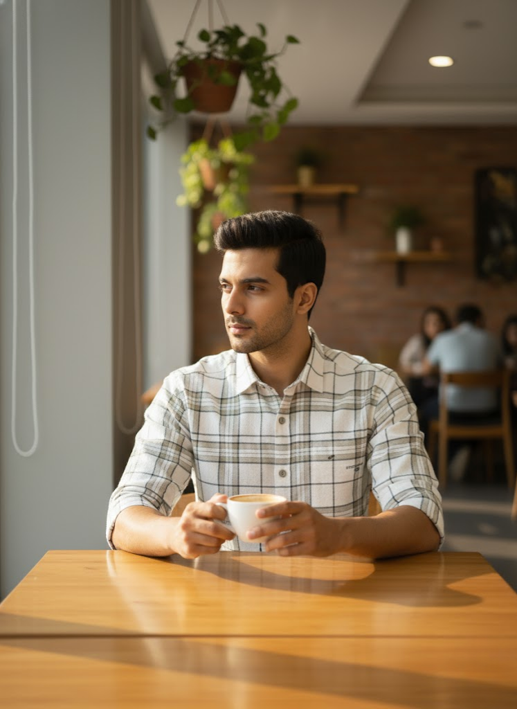 Men’s Beige City Grid Check Cotton Slim Fit Shirt