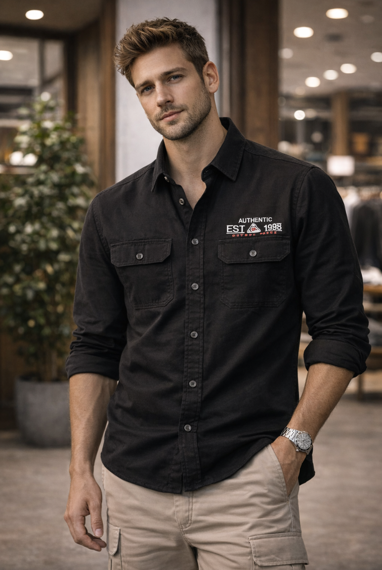 Men’s Black Utility Cotton Shirt – Slim Fit Casual Streetwear