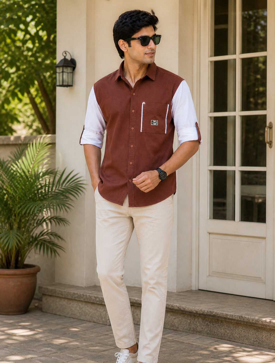 Men’s Dual Tone Casual Brown & White Contrast Style Shirt