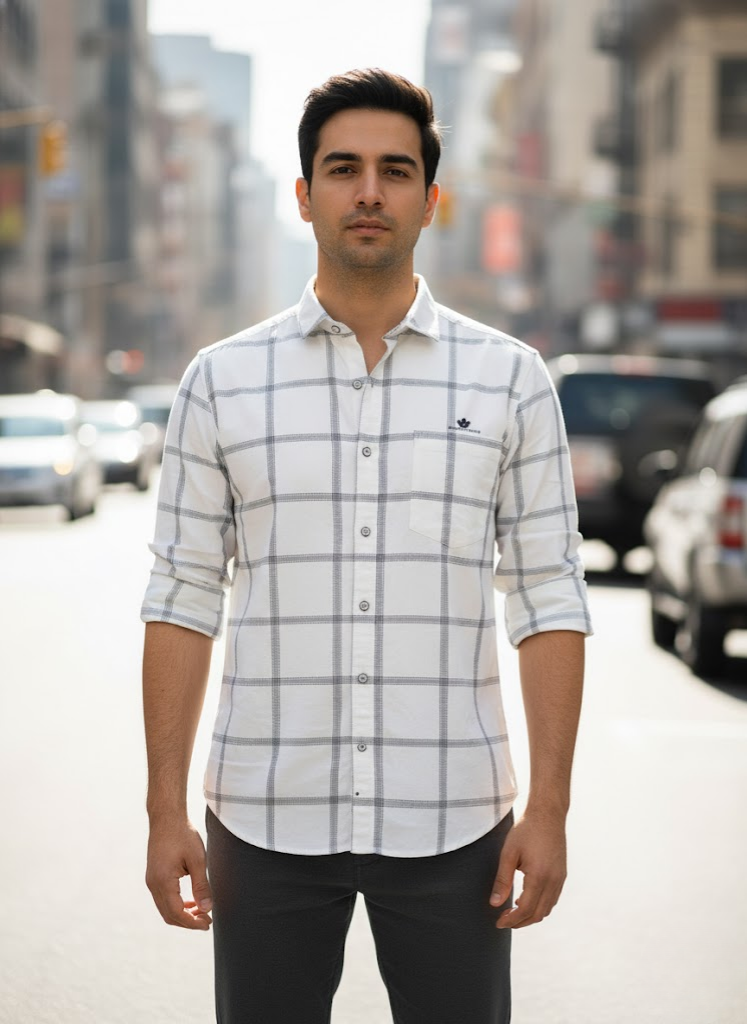 Men’s White Grid Check Slim Fit Imported TR Shirt