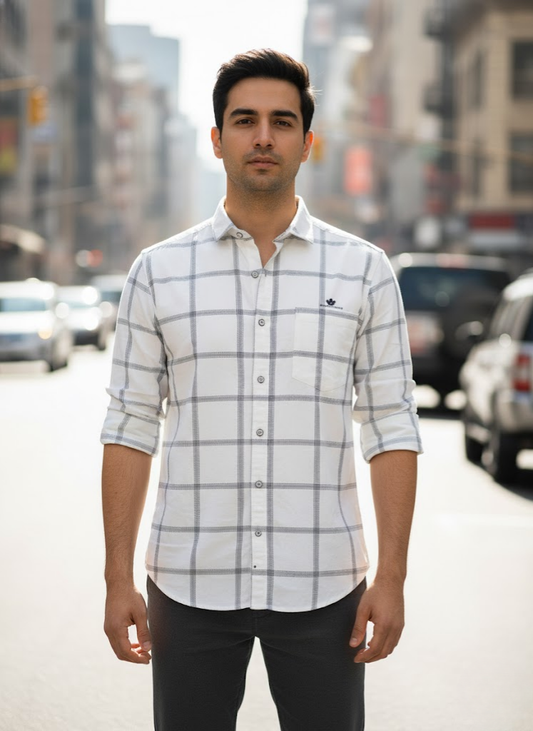 Men’s White Grid Check Slim Fit Imported TR Shirt