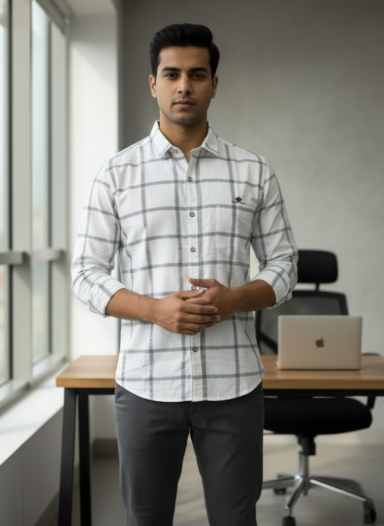 Men’s White Grid Check Slim Fit Imported TR Shirt