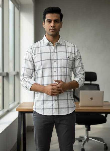Men’s White Grid Check Slim Fit Imported TR Shirt