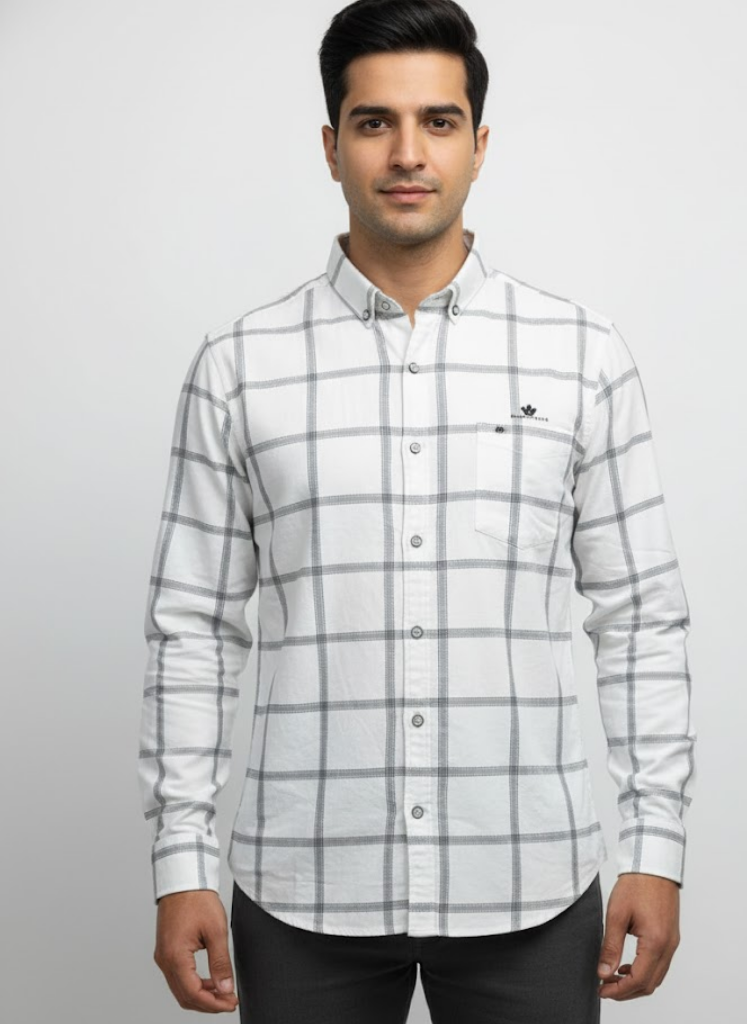 Men’s White Grid Check Slim Fit Imported TR Shirt