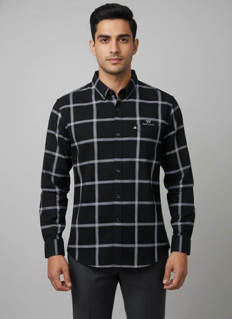 Men’s Black Grid Check Slim Fit Imported TR Shirt