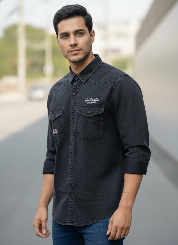 Men’s Black Denim Washed Cotton Shirt