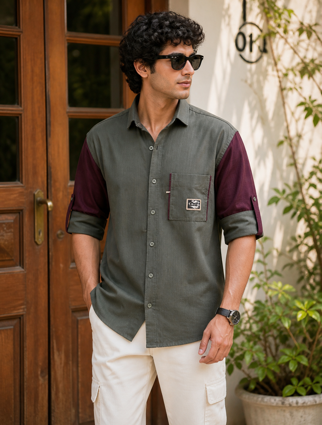 Men’s Dual Tone Casual Olive Green with Maroon Sleeves Shirt