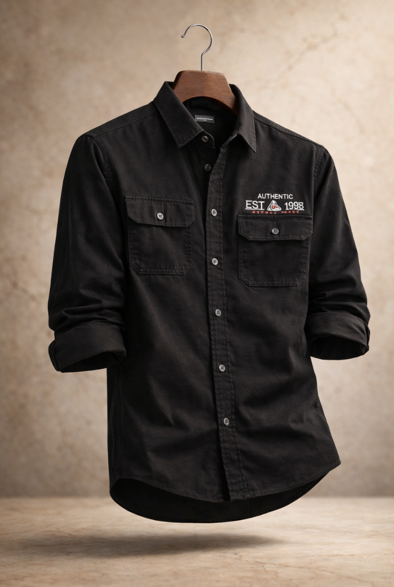 Men’s Black Utility Cotton Shirt – Slim Fit Casual Streetwear