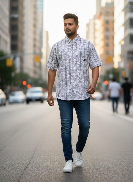 Men’s Grey Abstract Printed Short Sleeve Relaxed Shirt