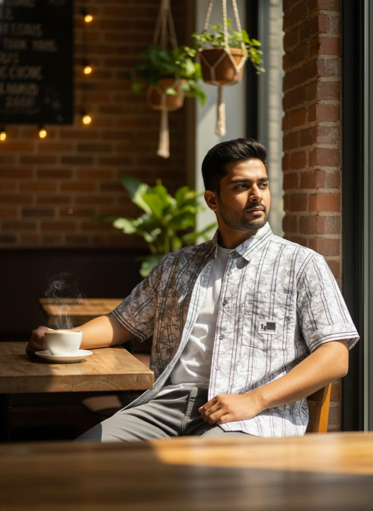 Men’s Grey Abstract Printed Short Sleeve Relaxed Shirt