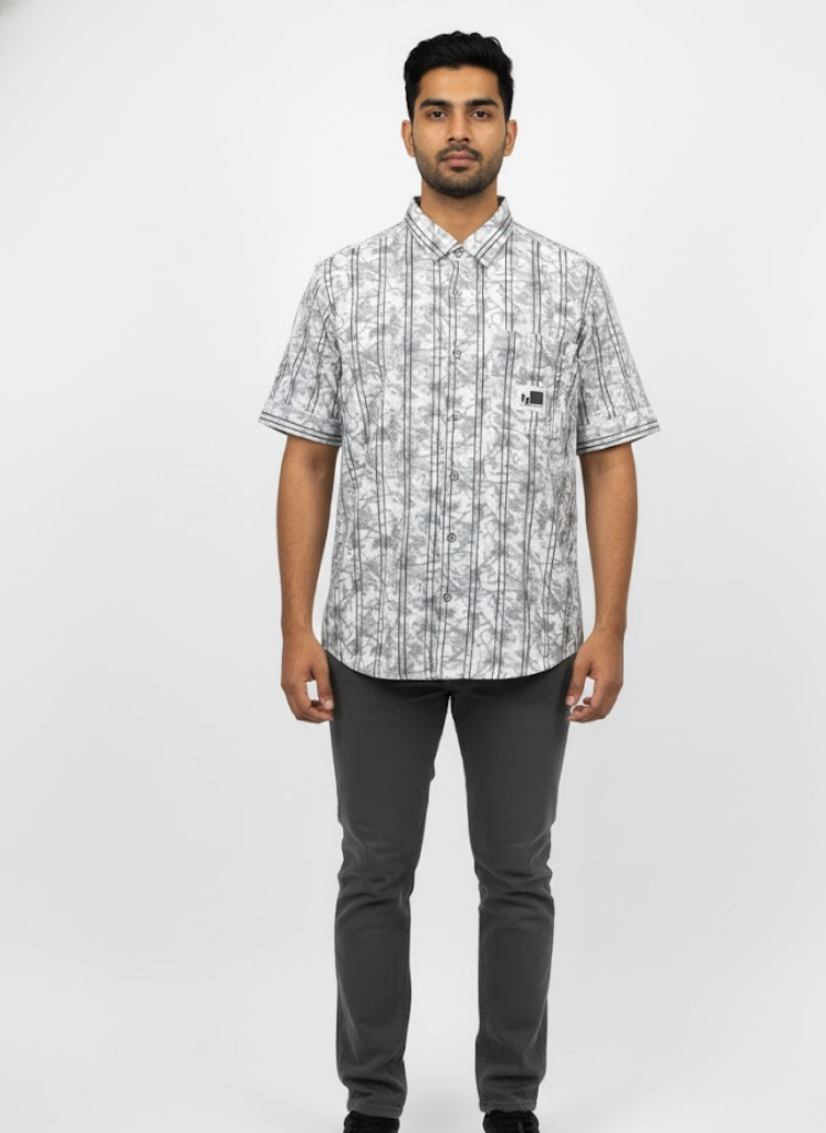 Men’s Grey Abstract Printed Short Sleeve Relaxed Shirt