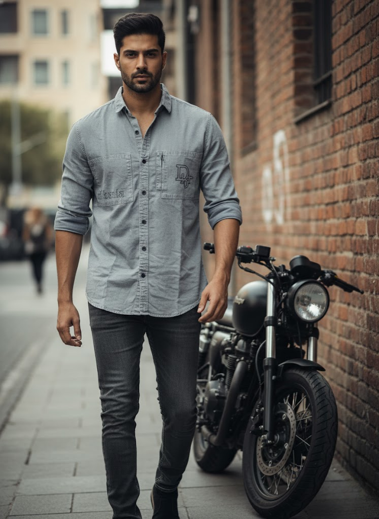 Men’s Grey Denim Look Casual Shirt – Rider Edition