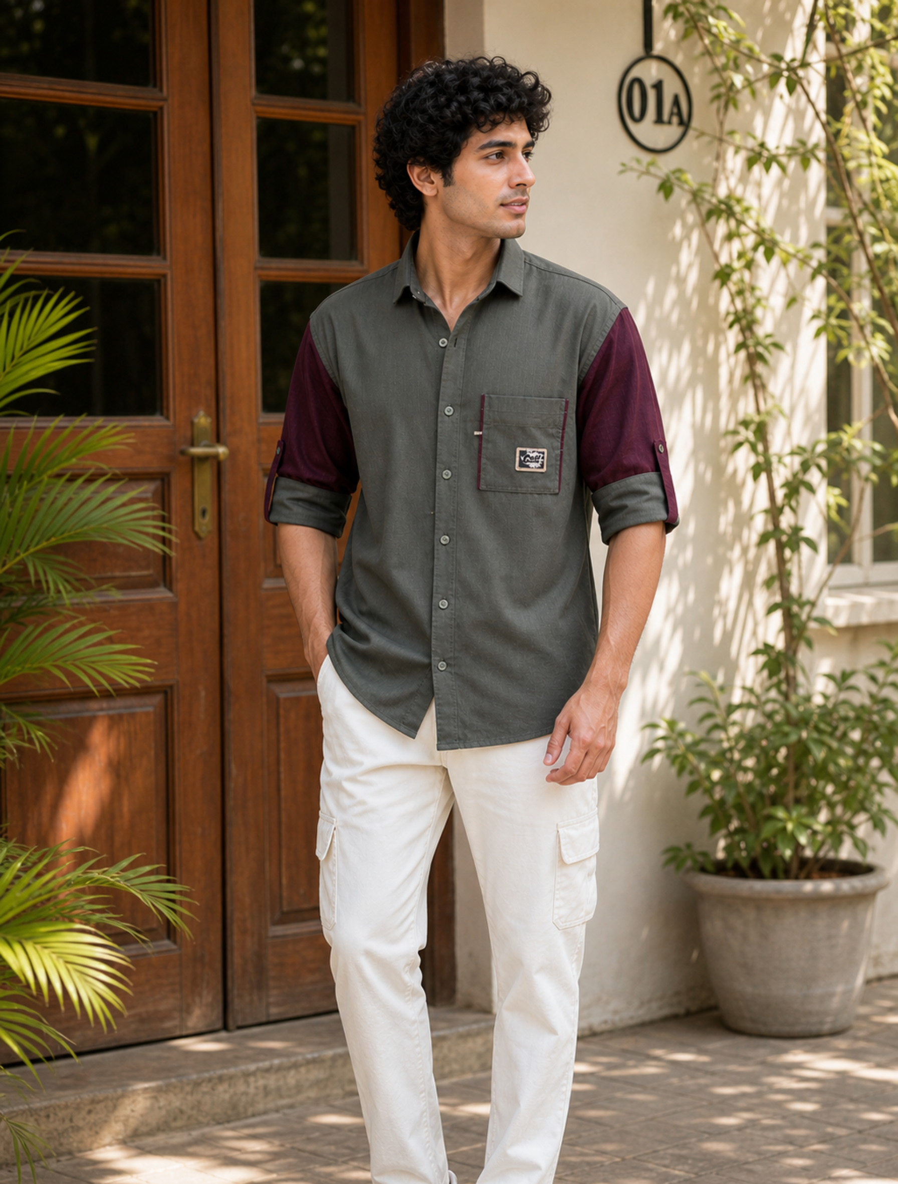 Men’s Dual Tone Casual Olive Green with Maroon Sleeves Shirt