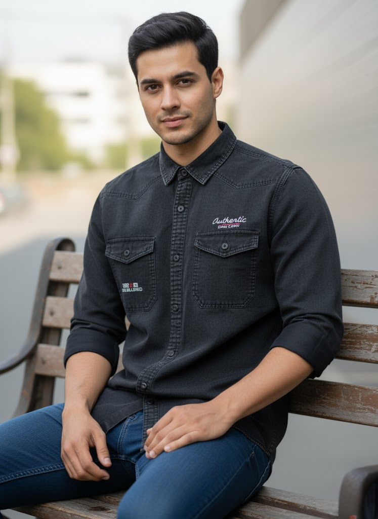 Men’s Black Denim Washed Cotton Shirt