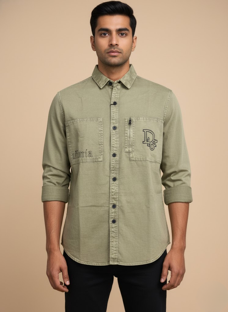 Men’s Olive Green Utility Denim Washed Shirt – Streetwear Edition